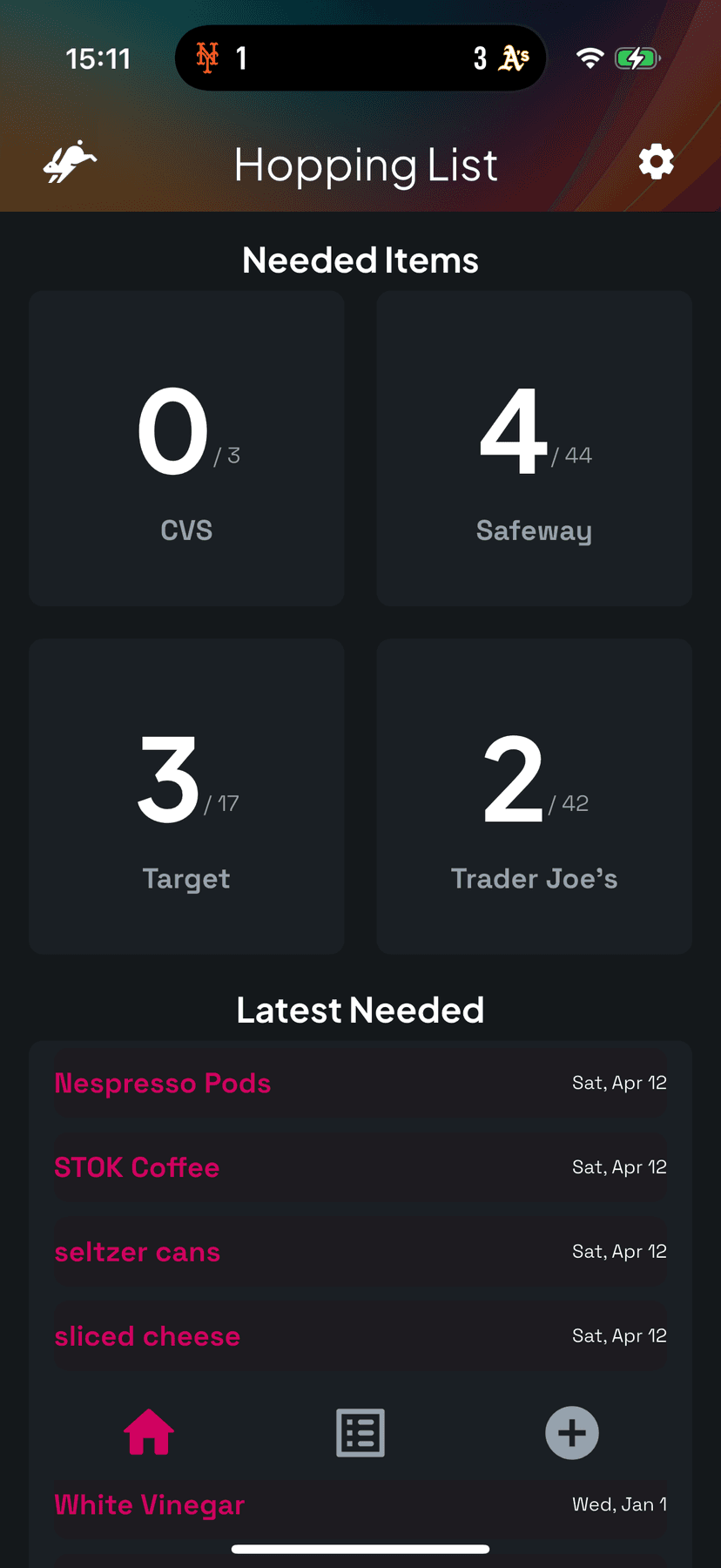 Hopping List Home Screen